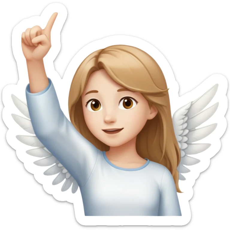 girl with light brown shoulder-length hair and white wings joyfully pointing to the sky sticker