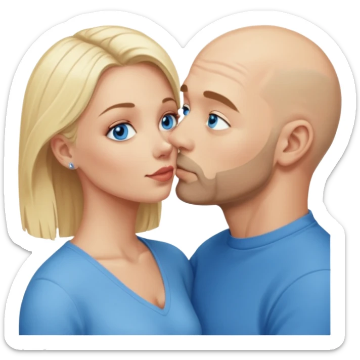 middle age bald man with scruff, blue eyes a.  Kissing blonde woman with blue eyes sticker
