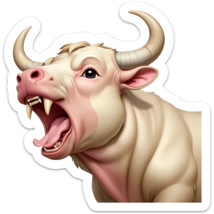 Cinematic Cute Yawning Domestic Bull Portrait Emoji, Head tilted slightly with a dramatic, wide-open yawn, showcasing a robust, muscular frame with a soft, downy coat and subtly drooping horns, round eyes barely open in drowsy contentment, Simplified yet irresistibly adorable features, highly detailed, glowing with a soft, cozy natural glow, high shine, relaxed yet expressive, stylized with a dash of rustic whimsy, soft glowing outline, capturing the essence of a sleepy yet affectionate domestic bull that seems ready to stretch out and settle for a nap! sticker