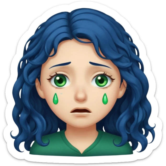 Girl with long  curly dark blue hair, green eyes, and very fair skin.crying sticker