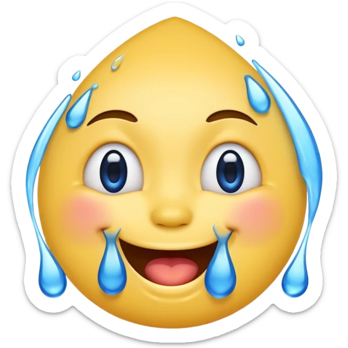 Emoji, yellow round laughing face, blue tears of joy on it. 2 big blue tears on each of the 2 cheeks sticker