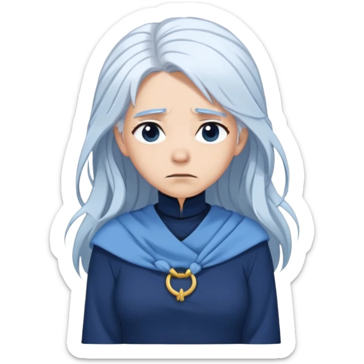 A woman with white hair. Sky-blue skin tone. And sad. Wearing a navy-blue tunic. And with her hair tangled around her chest. sticker