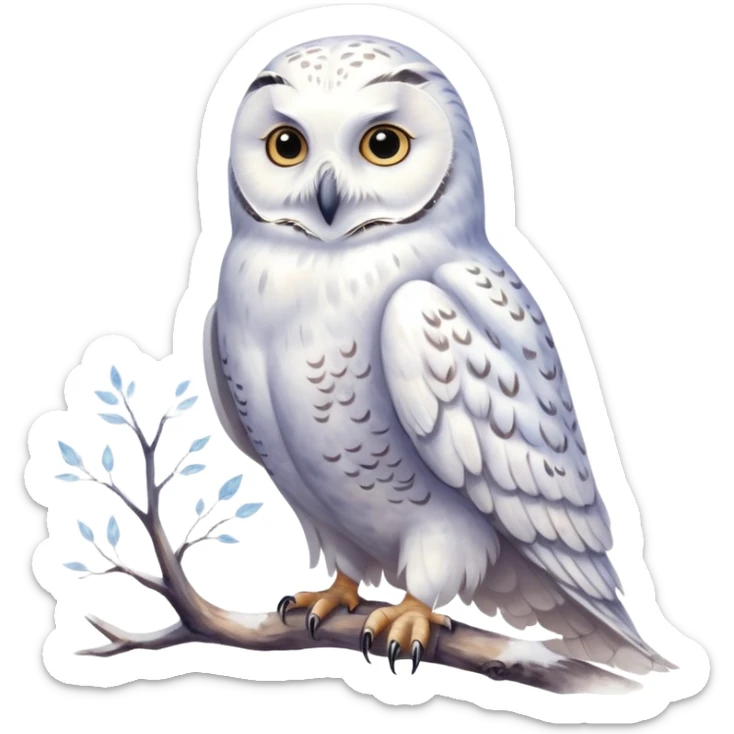 A hand-drawn fantasy illustration of Hedwig, Harry Potter’s snowy owl, with soft watercolor style, gentle pastel tones, magical sparkles in the air, cozy wizarding atmosphere, storybook illustration, high detail, whimsical and warm mood. ohne backgraund sticker