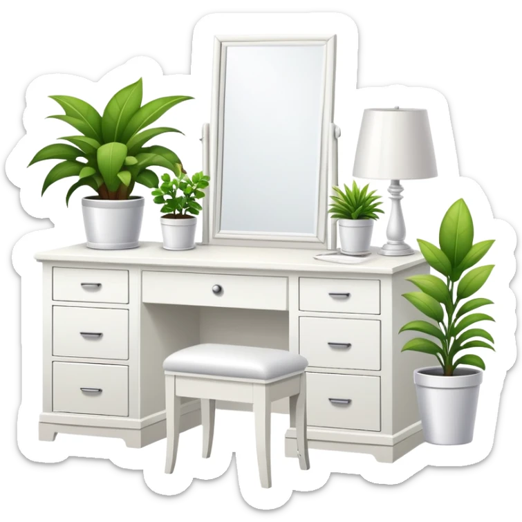 clean modern teenage bedroom with white furniture, white bed, white desk, white vanity, and potted plants sticker