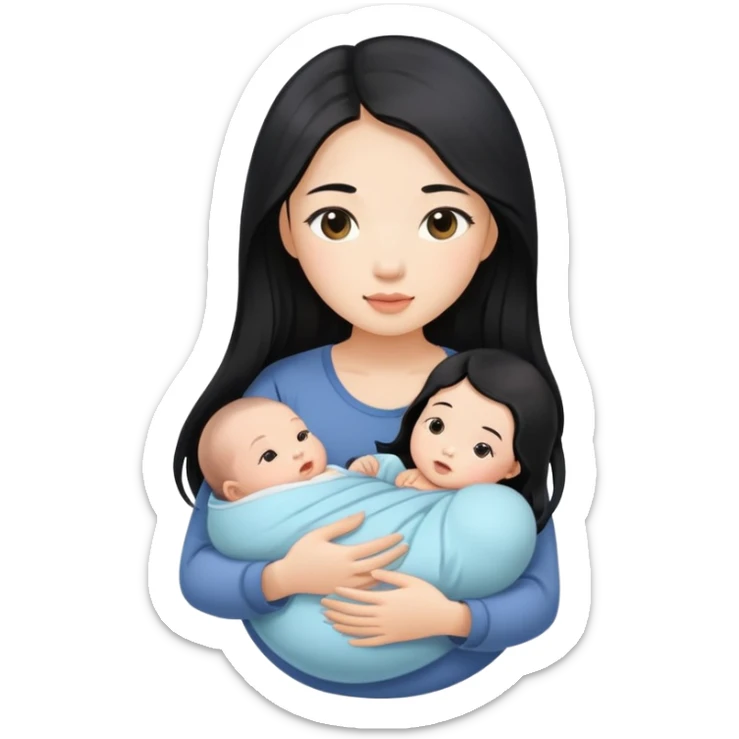 Beautiful Asian girl with long black hair holding newborn baby sticker