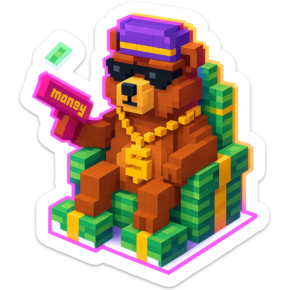 Russian grizzly bear with a rapper chain and a money gun, sitting on a throne of cash, with a neon glow effect sticker