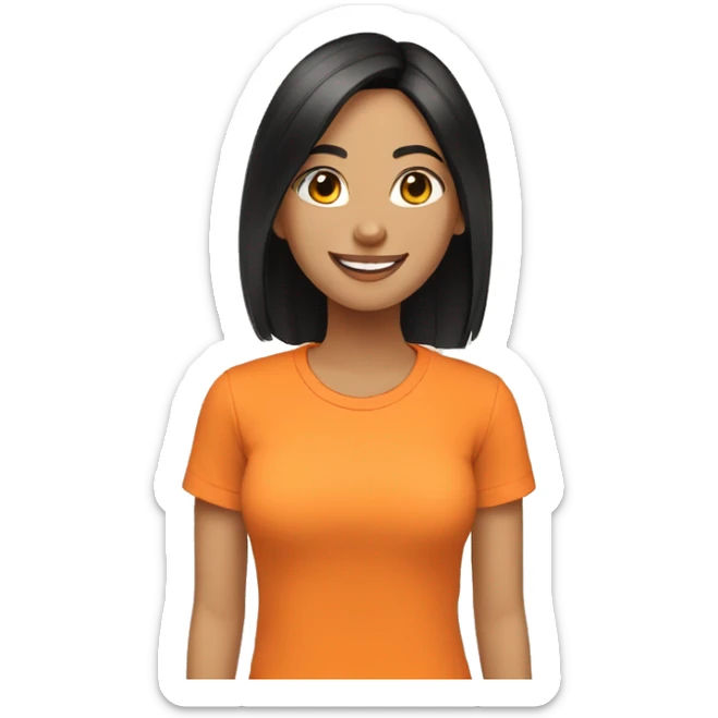 happy woman, black straight hair, light skin color, orange t-shirt, do it peace and love simbol with her hands sticker