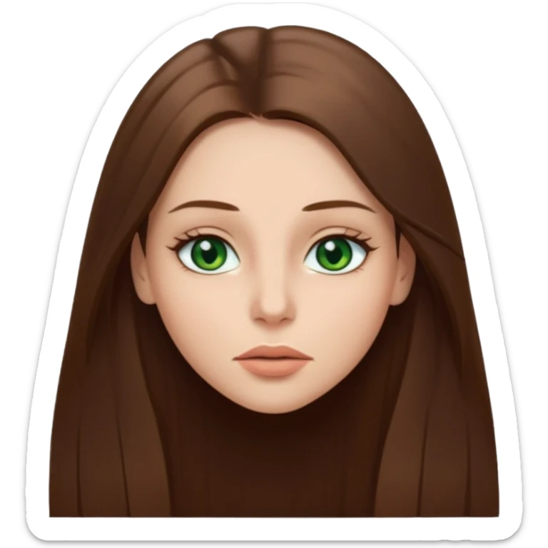 Female face emoji. Straight long brown hair, fair skin, green eyes, neutral expression, closed lips, minimal makeup sticker