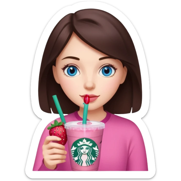 make an emoji of a brunette blue eye girl wearing pink drinking a strawberry acai refresher from starbucks sticker