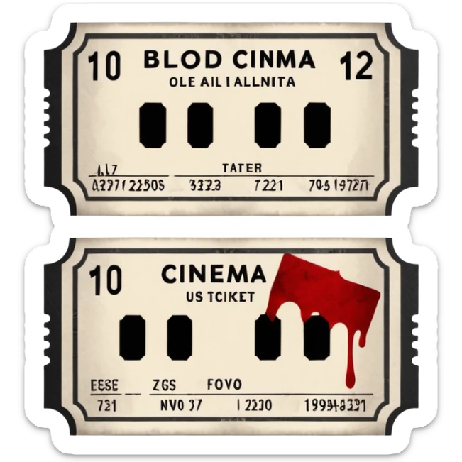 Minimalist emoji-style sticker of an old torn cinema ticket, blood-stained edges and burn holes, grayscale paper

 sticker