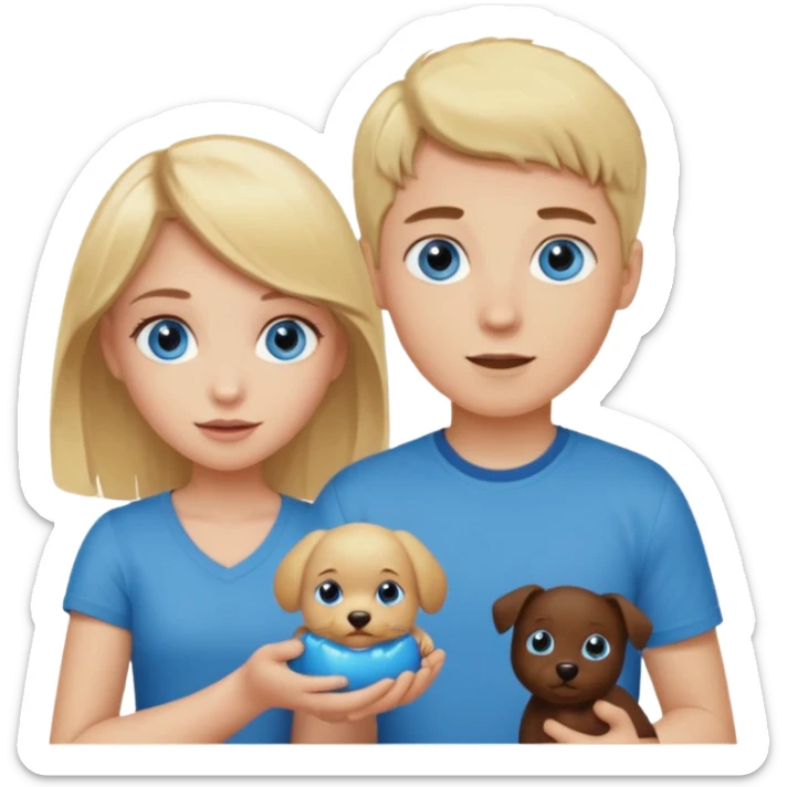 Blonde girl blue eyes and brunette boy blue eyesholding a pet poo sticker