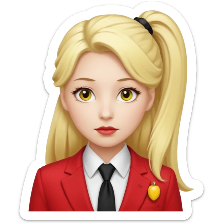 Woman with porcelain white skin, thick blonde hair that's in a thick, long ponytail, has a black tipped nose, yellow scleras, red pupils, and a red suit with a black tie. sticker