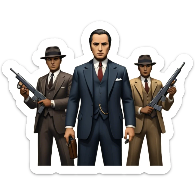 Vintage noir poster with Don Corleone surrounded by gangsters holding Thompson submachine guns. Background features New York skyscrapers, adding to the gritty, classic gangster film feel.  Dark and moody atmosphere with shadows, suits, and a mysterious vibe. Transparent background. sticker