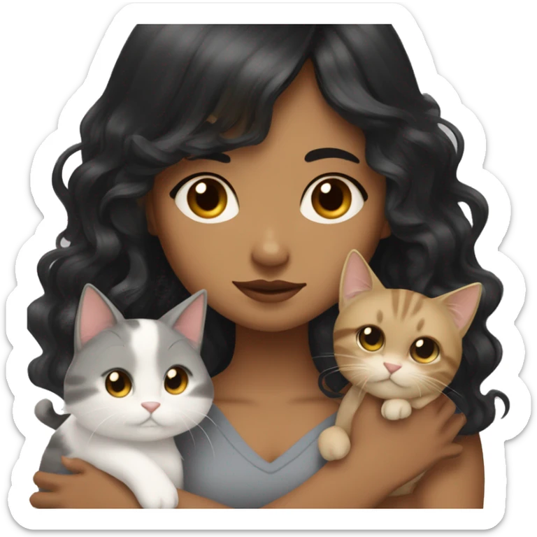 TAN SKIN GIRL with long black wavy hair and bangs HUGGING HER LIGHT BROWN, GRAY, and WHITE CAT  sticker
