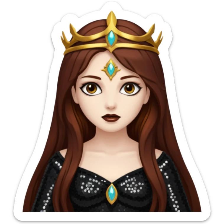 Libera, Goddess of Death from Gods and Goddesses with long dark auburn hair, black sequin outfit sticker