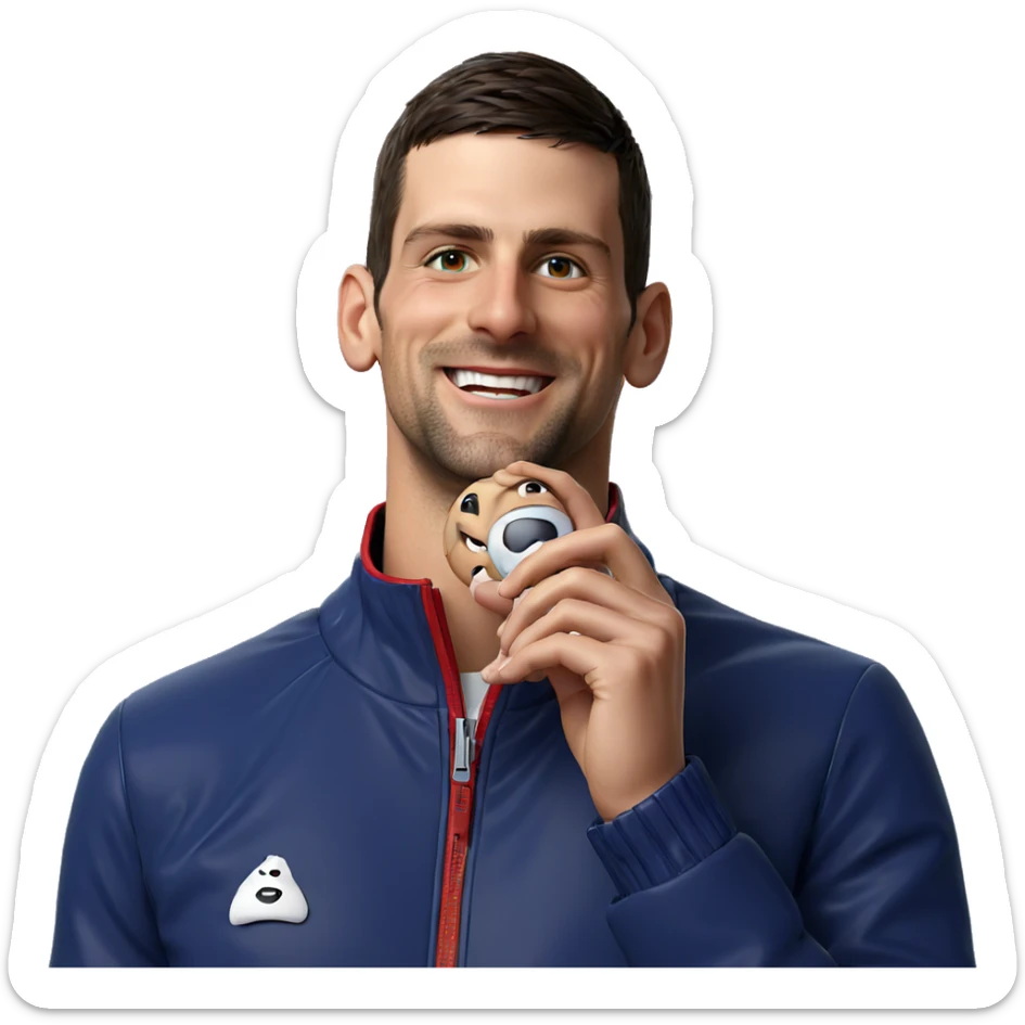 smiling boy with jacket sticker