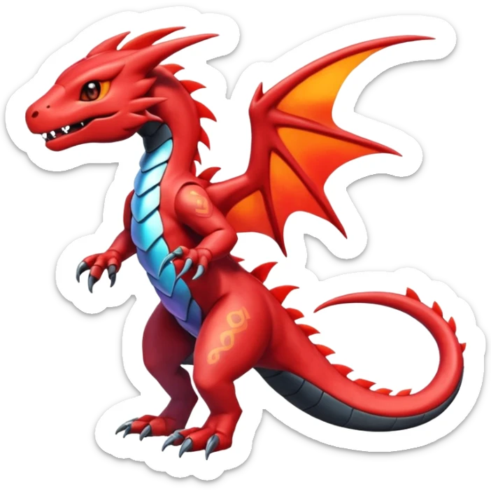 Cute Shiny red iridescent Guilmon-Salandit-Fakémon-hybrid-creature (full body)  sticker