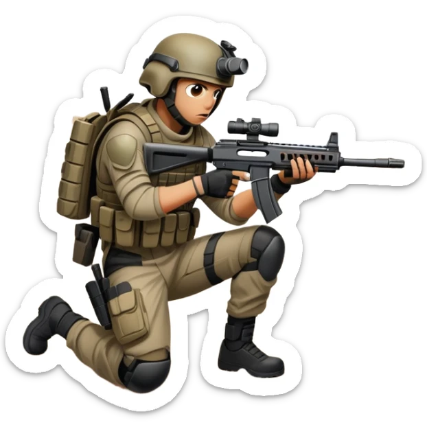 A skilled airsoft player in tactical gear, aiming a gun and shooting metal BBs in a desolate, ruined landscape. The setting is filled with broken walls and debris, creating a tense atmosphere of strategy and precision in a high-stakes tactical environment sticker