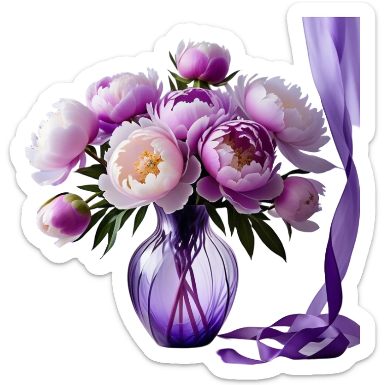 "A dreamy, abstract bouquet of peonies in soft pastel purples, with fluid, swirling petals that melt into each other like brushstrokes. The flowers emerge from a translucent, faceted glass vase in shades of violet, with exaggerated reflections and refractions. A flowing ribbon in light lavender twists and loops around the vase, extending beyond the frame in a weightless, almost liquid motion."
 sticker