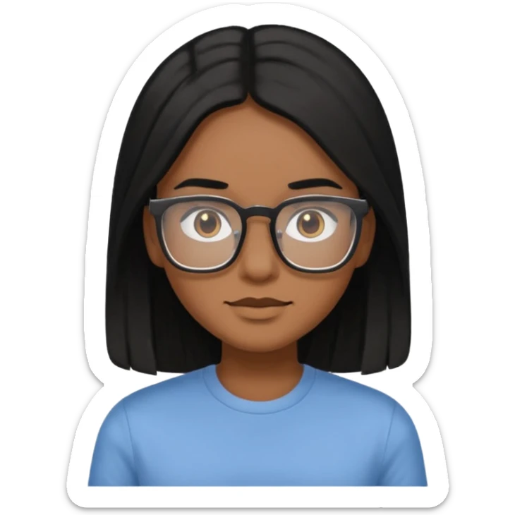 Cor da pele parda óculos um pouco quadrado cabelos longos e preto roupas blusinhas de manga curta sticker
