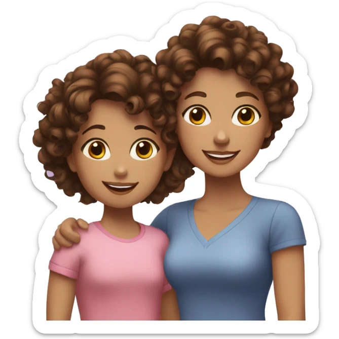 white curly brown hair mom and brown curly hair daughter with black eyes smiling sticker