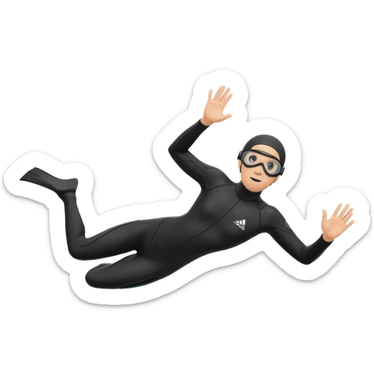 freediver in a black wetsuit, descending underwater, wearing black fins and black goggles, minimal background sticker