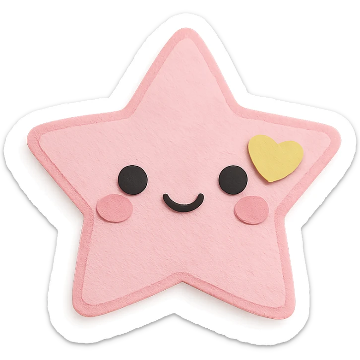 cute pastel pink star with a tiny pastel heart, no limbs, full body, transparent background, kawaii paper craft style sticker