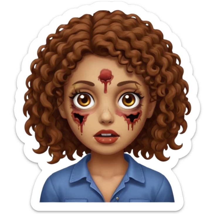 Una chica zombie con cabello rizado café y ojos cafés con un lunar debajo de el ojo izquierdo  sticker
