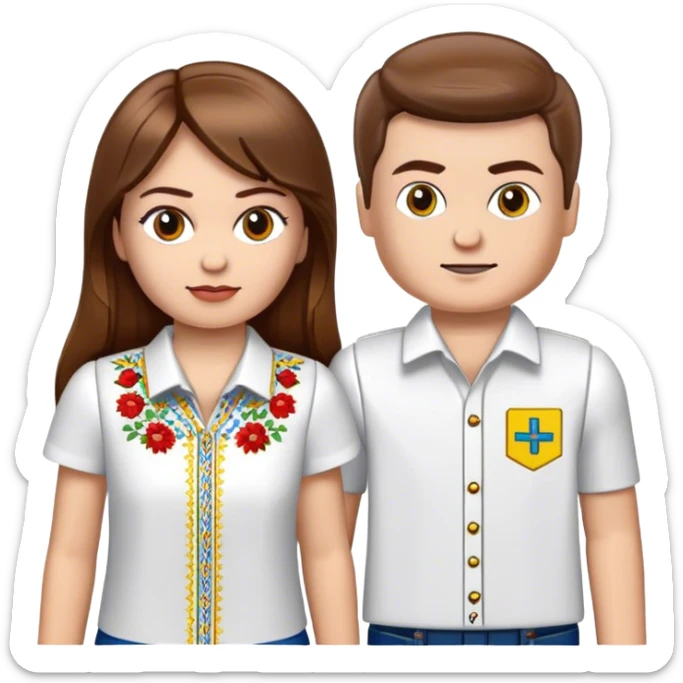 a Ukrainian girl with brown hair in an embroidered shirt and an atomhirt and a Ukrainian boy in an embroidered shirt and Lego bricks sticker