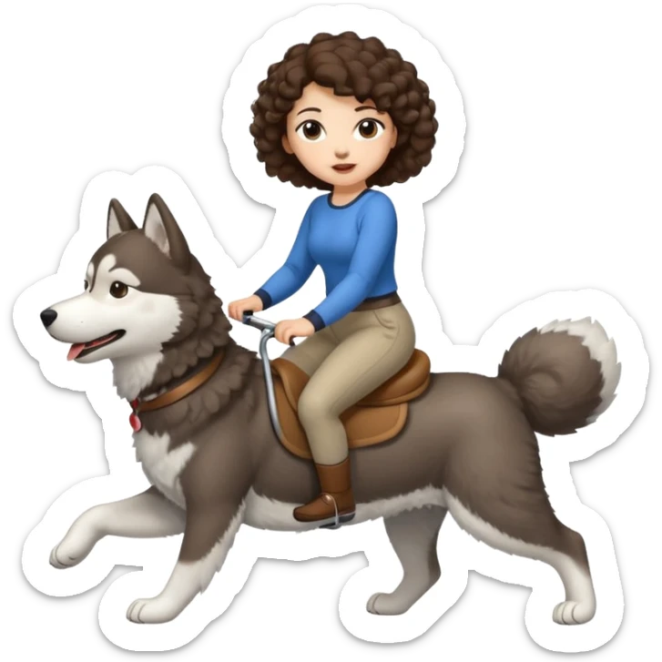 cute woman short tight curly brown hair riding big husky dog sticker