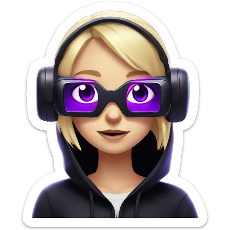 Russian cute blond girl wearing black hoody with violet letters "OMG", in vr headset. Cyberpunk style. Violet neon. sticker