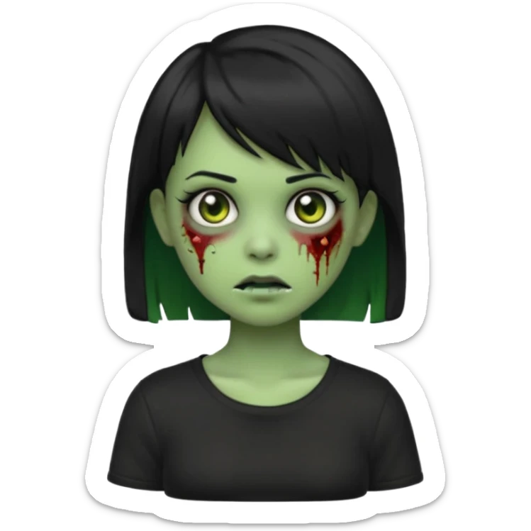 Emoji zombie girl verde com cabelo preto liso  curto com franja pro lado com uma blusa preta sticker