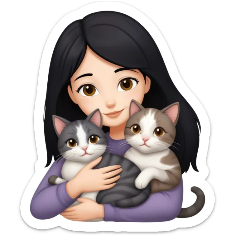 happy girl with black hair hugging three cats  (carey cat, gray cat, brown calico cat) sticker