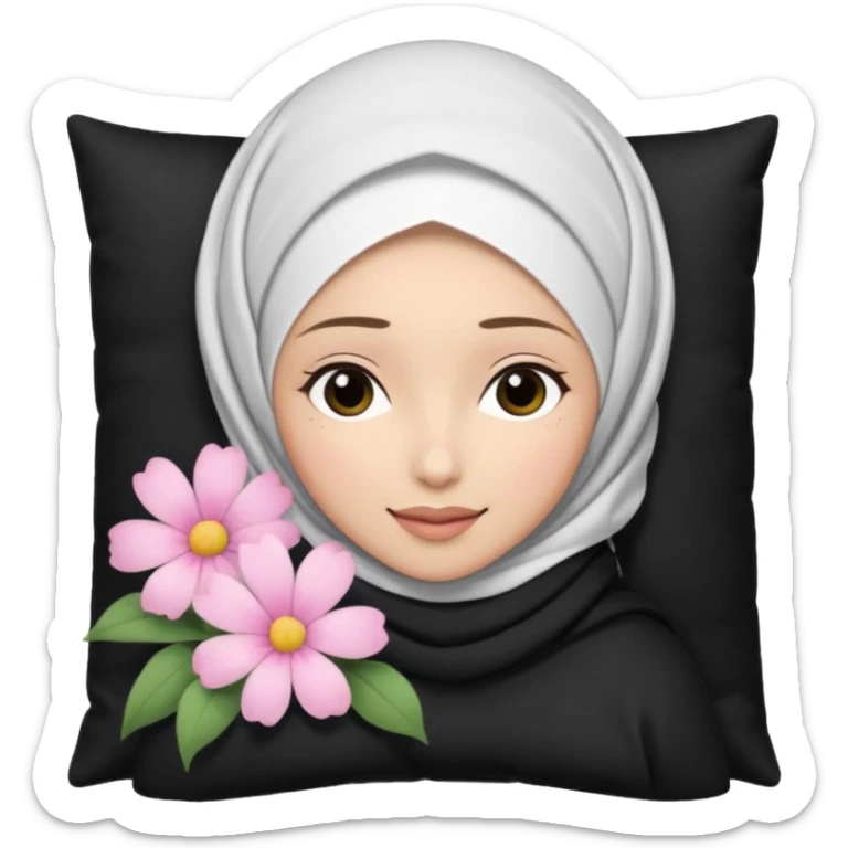The image is a close-up selfie of a young woman wearing a white hijab. She is lying on her back with her head resting on a black pillow. She has a pink flower in her hair and is looking directly at the camera with a slight smile on her face sticker