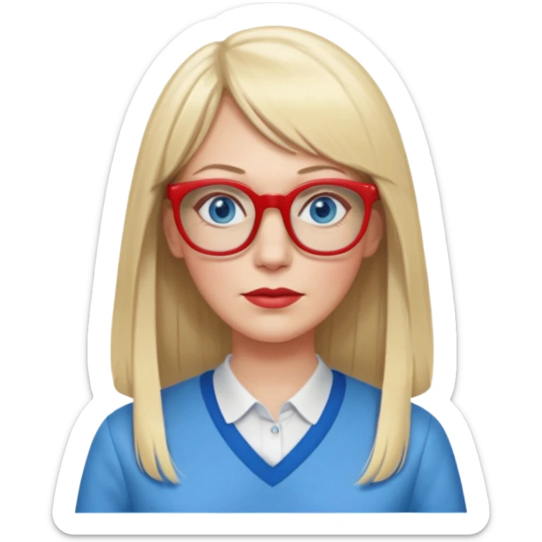 45 yr old white woman, pale skin, long straight blond hair parted in center, blue eyes, bangs, clothes for school, big red glasses sticker