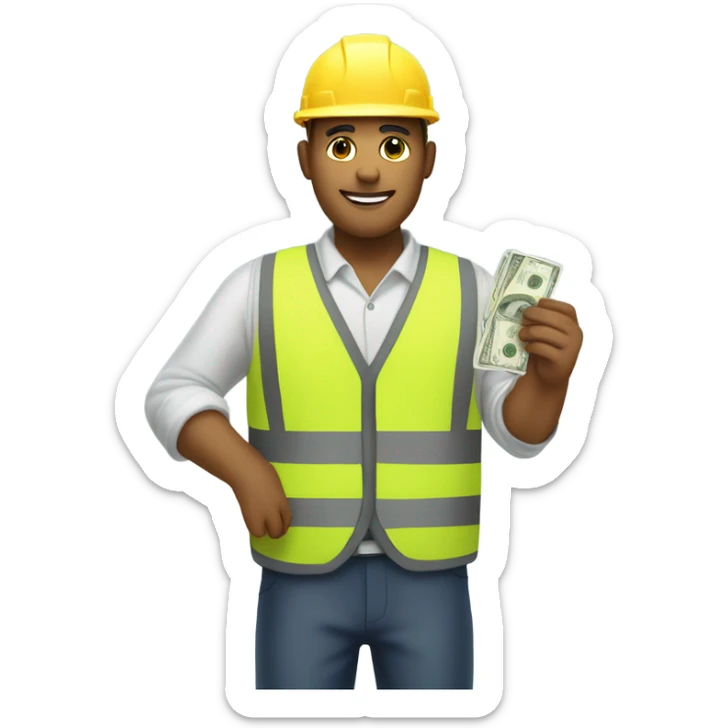A construction worker wearing a vest giving money to another man in a suit.  The man on the left should have white skin and no hat.  sticker