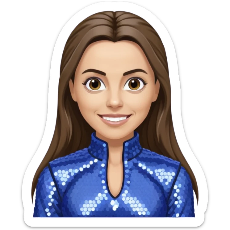 Mel C from Spice Girls with long dark brown ponytail hair, perwinkle sequin outfit, light skin sticker