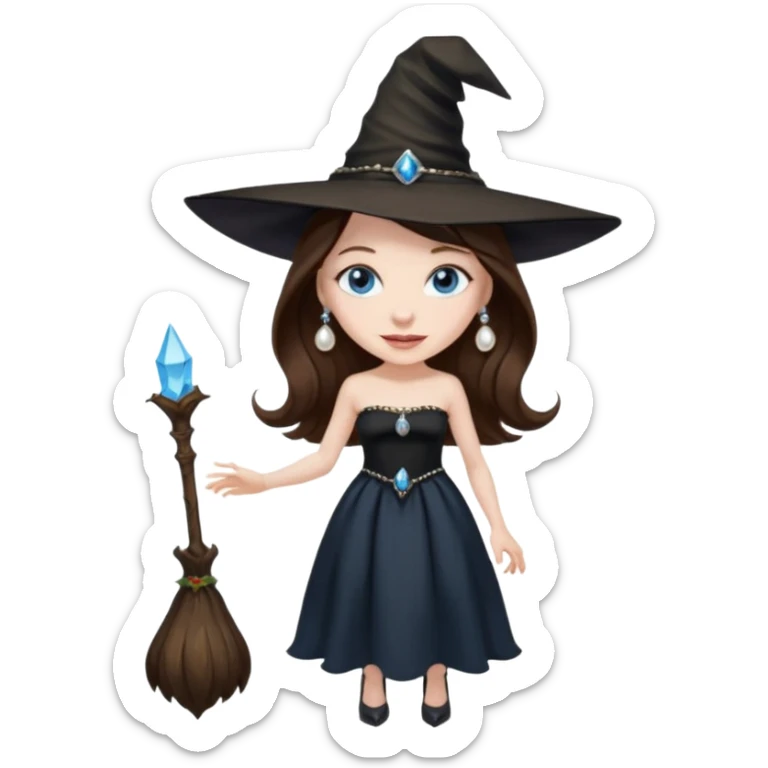 woman brunette, very large breasts, pale skin, blue eyes, long brown hair, black strapless dress, witch hat, pearl earrings, smirking, in black heels, standing, head to toe, full body, zoomed out, entire outfit visible sticker