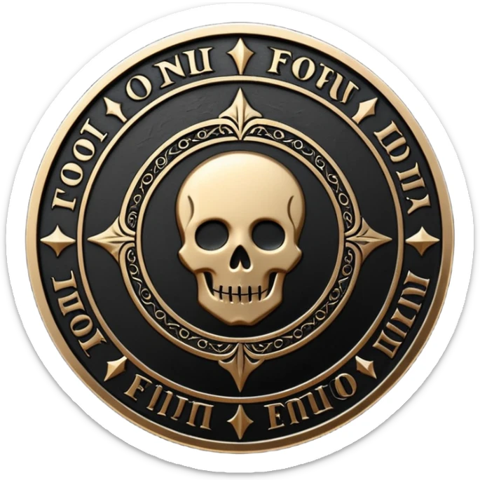 Emoji style, luxury gothic coin made of blackened metal, “FORTUNA” engraved in refined fashion typography, heavy form, subtle worn metal texture, avant-garde editorial aesthetic, no glow, no neon, flat emoji design, centered, transparent background sticker