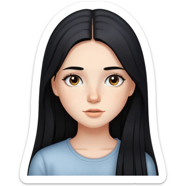 girl with long straight black hair, light makeup, and freckles sticker