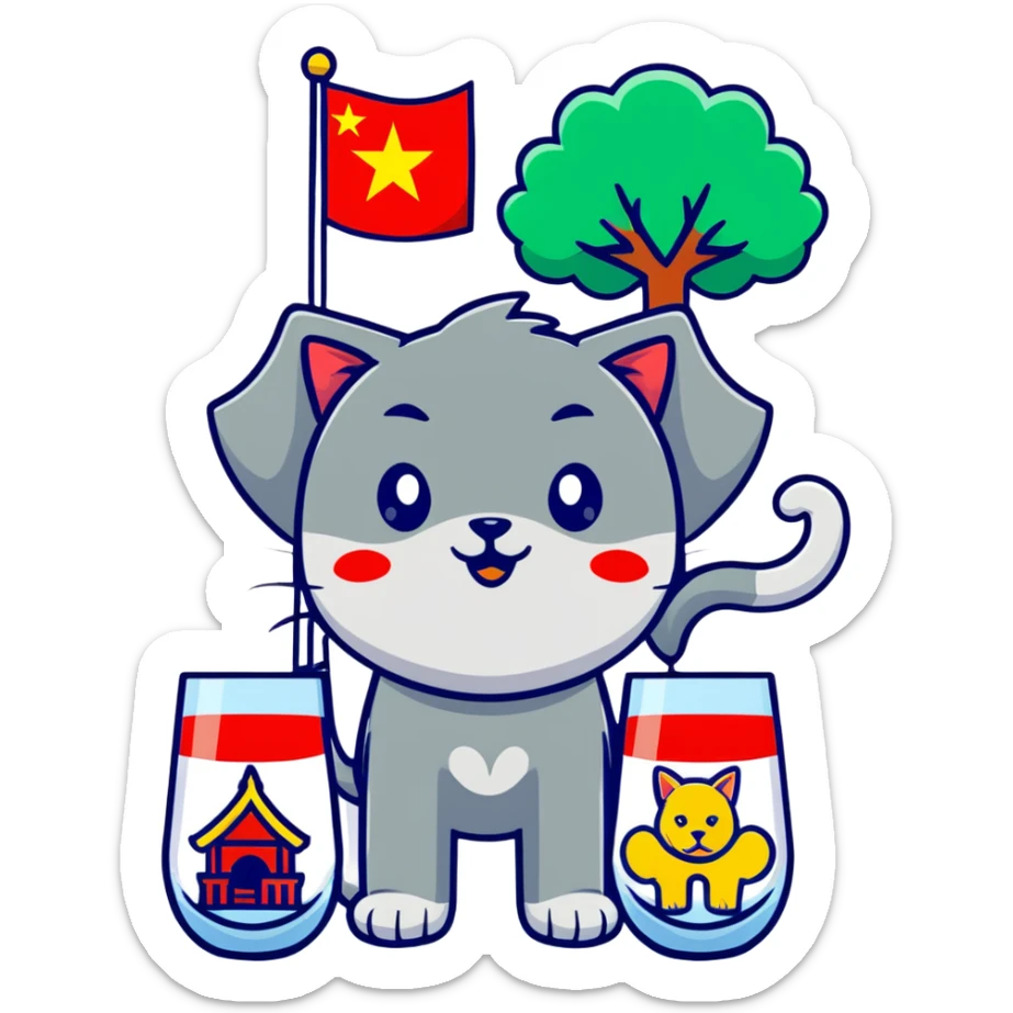 cat, dog, wolf, Vietnam flag, tree, elephant, and a glass all together in cartoonish sticker style sticker