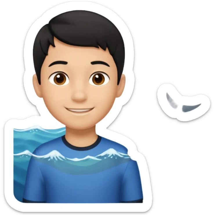 An Emoji of boy age in 10 with short black hair, who can be described by three words: perfectionist, air, ocean sticker