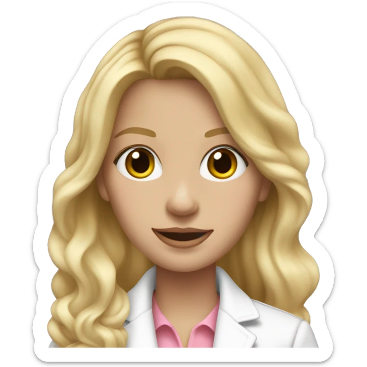 blonde girl long wavy hair, wearing white blouse and jeans and pink blazer and white sneakers sticker