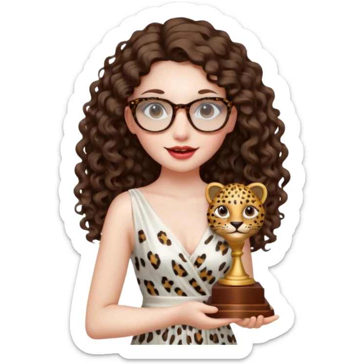 A girl with white pale skin,  full lips, brunette LONG curly hair. She is wearing a white  silk dress. She is holding an award and happy. She has a leopard print round-ish shaped glasses.  sticker