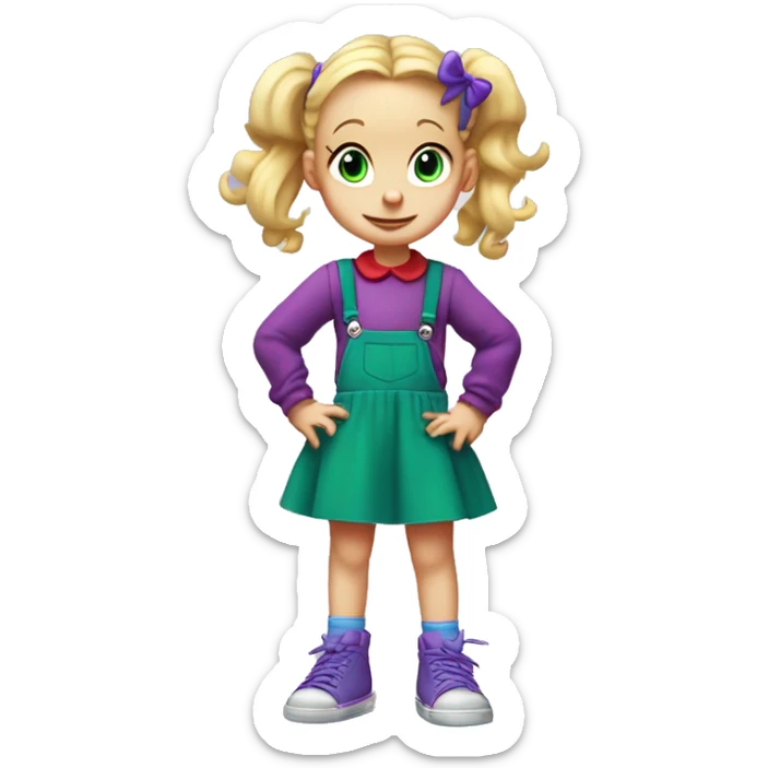 A little blonde girl with pigtails and little purple bows wearing a red long-sleeved shirt and purple overalls skirt with blue tights with green polka dots and purple sneakers, full body, rugrats sticker