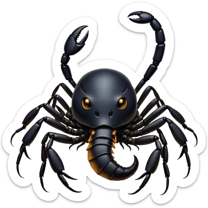 Cinematic Cute Emperor Scorpion Portrait Emoji, Head tilted playfully and inquisitively, with a compact, rugged build and a sleek, dark exoskeleton highlighted by delicate, intricate patterns and round, sparkling eyes full of curious defiance, Simplified yet irresistibly adorable features, highly detailed, glowing with a warm, friendly glow, high shine, affectionate and quirky, stylized with a touch of desert whimsy, soft glowing outline, capturing the essence of a mischievous yet endearing scorpion that feels like it could pinch its way out of the screen into your arms! sticker