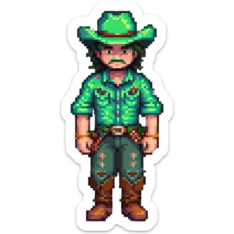Pixel art of a cowboy character with green outfit and hat sticker