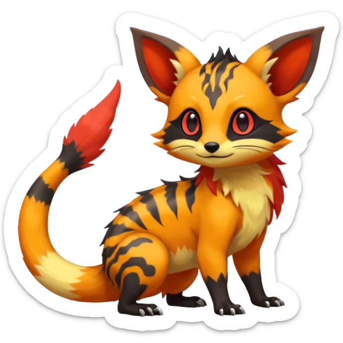 Rare warm-colored exotic cute epic aesthetic colorful Salandit-Eevee-Civet-species-Fakemon-hybrid-creature, with wild markings, full body sticker