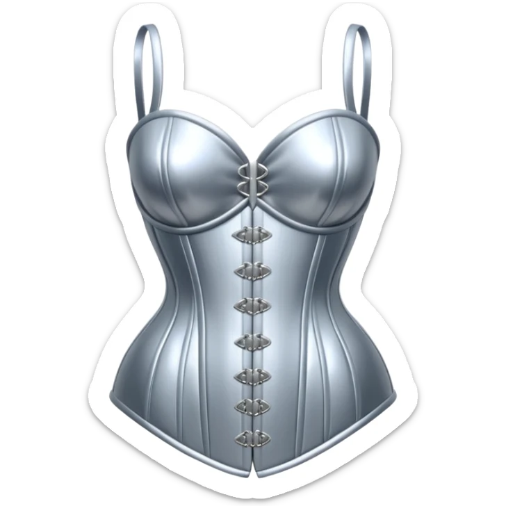 A luxury corset emoji made of silver chrome, smooth metallic curves, minimal fashion silhouette, glossy reflections, sensual high-end aesthetic, iOS emoji style, centered, clean white background sticker