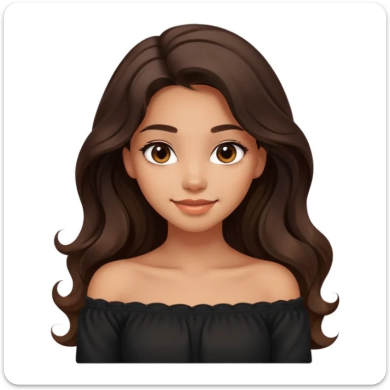 clean modern emoji of a young woman with medium skin tone, long wavy dark brown hair, wearing a black off-shoulder top, soft smile, expressive eyes, warm charming confident style, subtle gradient background sticker